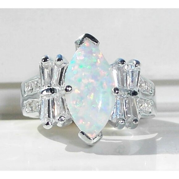 925 STERLING SILVER Marquise Lab Created White Fire Opal & CZ Ring - Picture 1 of 14